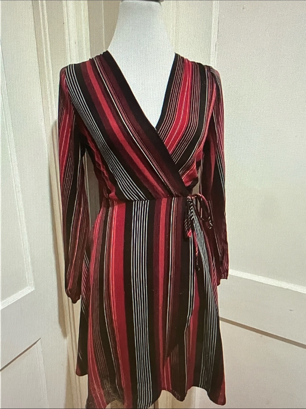 Monteau Burgundy, Black and White Striped Wrap Dress
